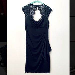 Xscape navy dress with lace shoulders